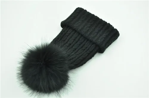 Black match fur Вязаная Шерстяная Шапка из натурального меха енота, шапка с помпоном для женщин и девочек, новинка, осенняя, весенняя, зимняя женская меховая шапка - Цвет: Black match fur