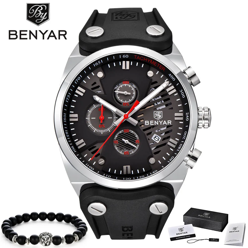 Топ люксовый бренд BENYAR 5110 M мужские часы секундомер Дата натуральная кожа водонепроницаемые часы Мужские кварцевые часы мужские модные часы - Цвет: silver red
