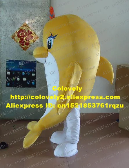 Handsome Yellow Dolphin Porpoise Sea Hog Delphinids Whale Cetacean Mascot Costume Cartoon Character Orange Bowknot ZZ249 Free SH |