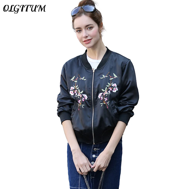 

Female jacket 2019 Spring/Autumn New Women Slim jacket Fashion Baseball Coat Flower Embroidery Black Zipper Loose Outwear S-XL