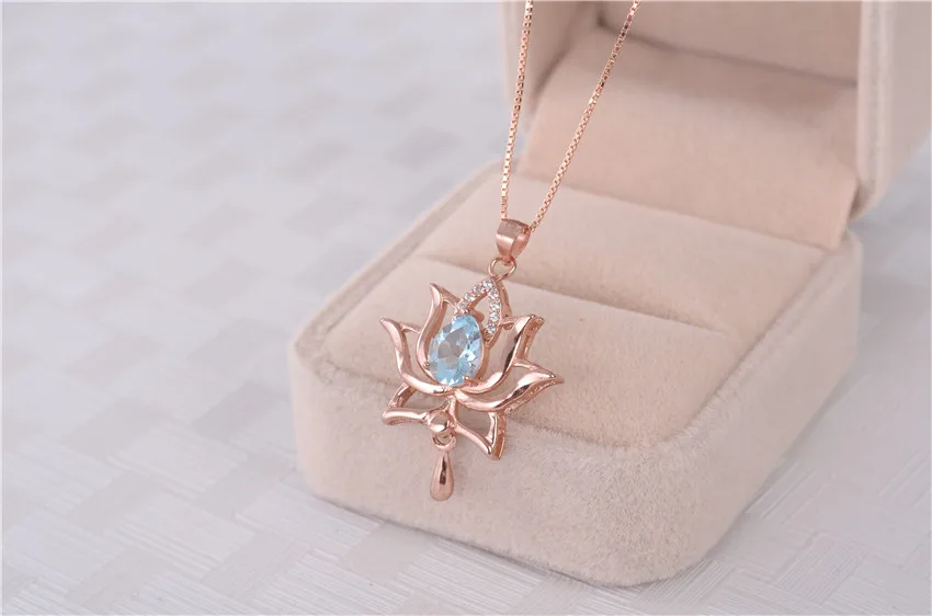 Almei 1.2ct розовое золото цвет светильник в форме цветка лотоса Небесно голубой топаз кулон ожерелье 925 пробы серебряные ювелирные изделия с цепочкой CN054
