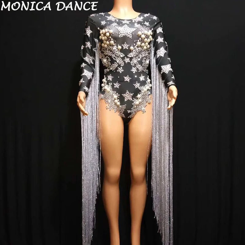 Women Sexy Gray Tassel Crystals Stars Bodysuit Nightclub Party Female Singer Costume Celebrate Stage Dance Fringes Leotard