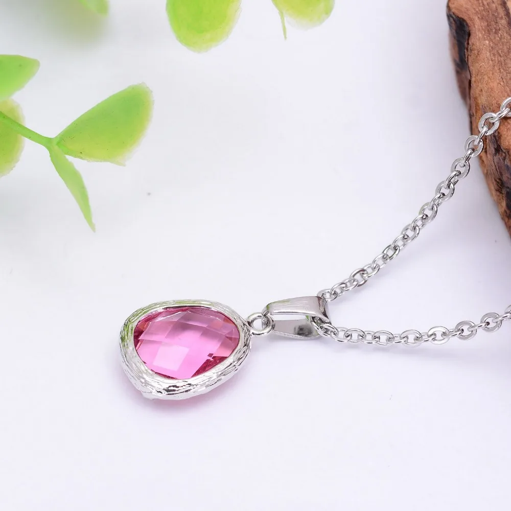 Newest Water Drop Shaped Colorful Glass Pendant Necklaces Silver Color Link Chain For Women Gift | Украшения и аксессуары