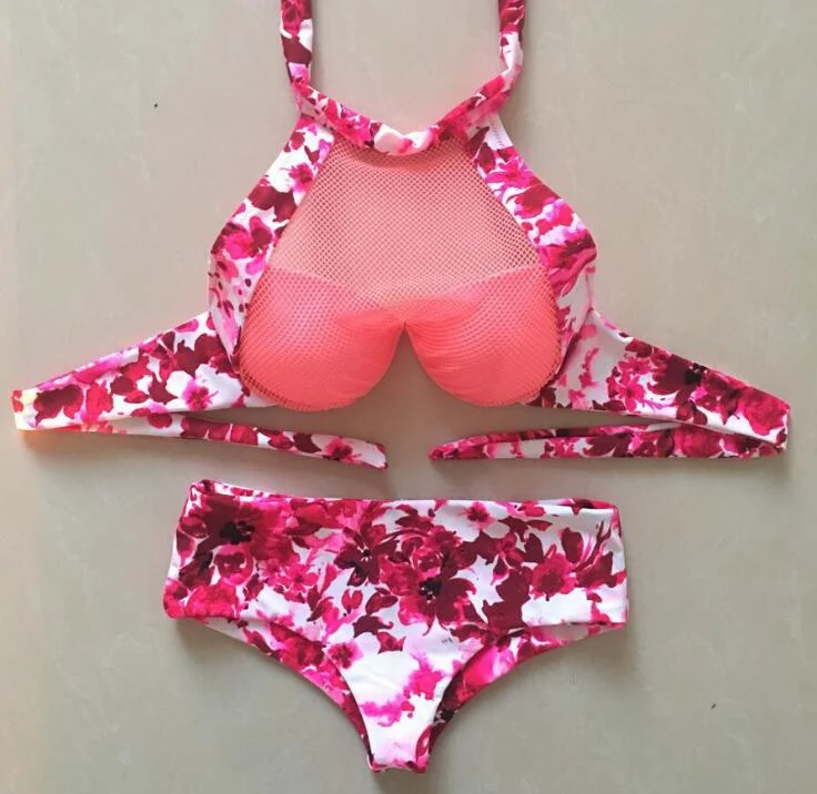 fuchsia pink Бикини для девочек с высокой горловиной, пуш-ап, Пляжное бикини, женский бюстгальтер, купальник, монокини, летний купальный костюм, Maillot De Bain, купальники, E696 - Цвет: fuchsia pink