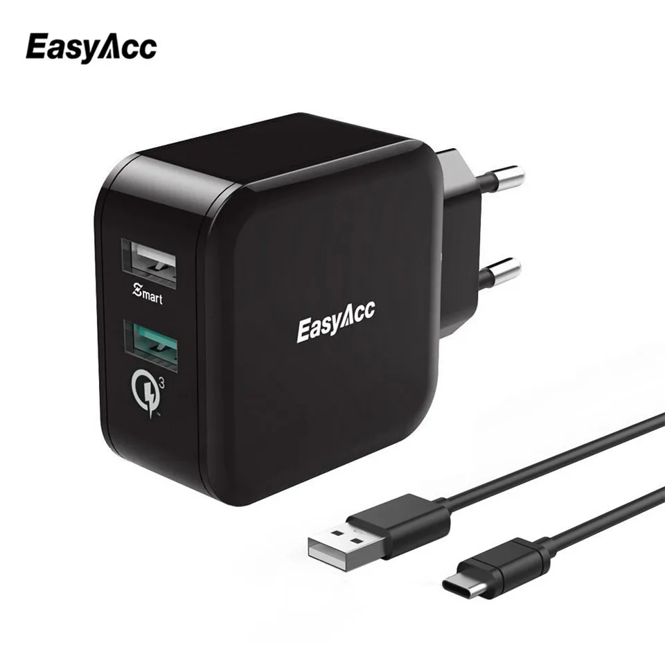 Easyacc 30 Вт 4.8A Зарядное устройство Quick Charge 3 0 2 Порты и разъёмы смарт адаптер с 100 см