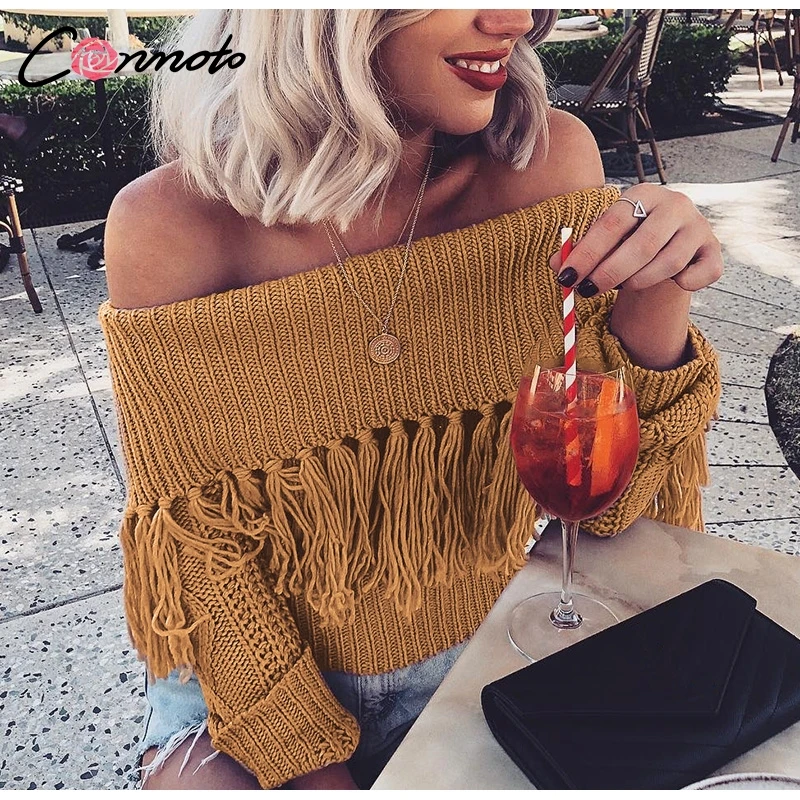 Conmoto Off Shoulder Tassel Short Sweater Female Party Sexy Solid Long Sleeve Pullover Femme Khaki Jumper Sueter Mujer | Женская одежда