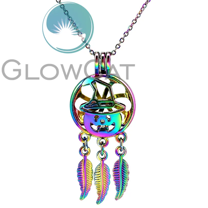 

CC925 Rainbow Witch Hat Dream Catcher Beads Cage Pendant Perfume Diffuser Oyster Pearl Cage Locket Necklace