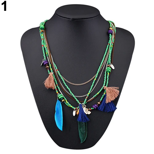 Женский богемный этнический стиль перья и кисточки Бусы Многослойные цепочки