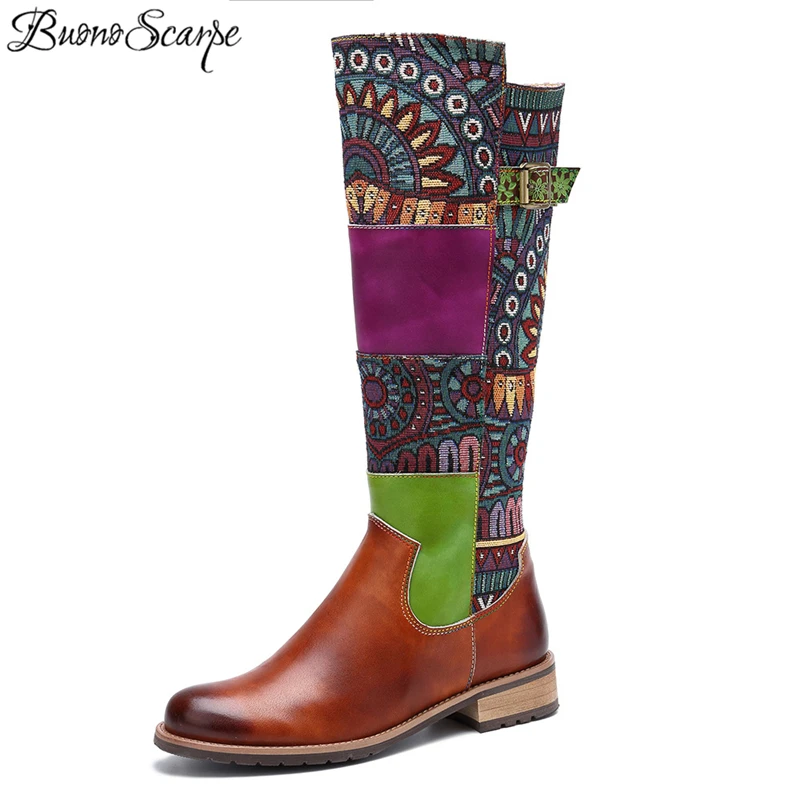 Buono Scarpe кожаные сапоги в стиле пэчворк богемные до колена на плоской подошве с
