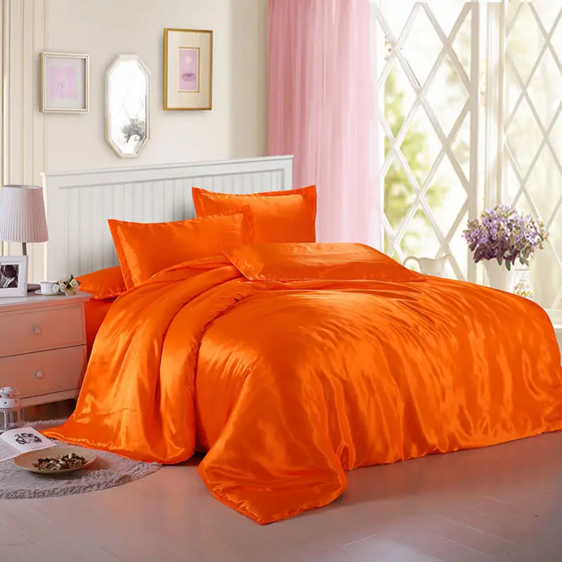 HOT! pure satin silk bedding set，Home Textile King size bed set， bed clothes， duvet cover ，flat sheet ，pillowcases ，Wholesa - Цвет: Orange