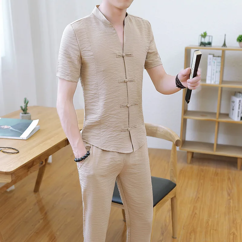 beige 3416, китайский стиль, хлопок, лен, два предмета, набор, топ и штаны, мужские, стоячий воротник, Ретро стиль, тонкая, короткий рукав, футболка и штаны, 4XL - Цвет: beige