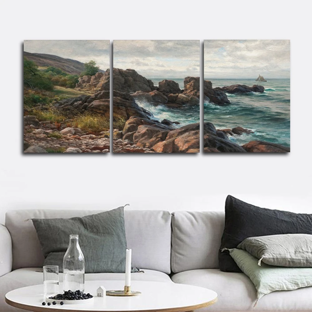 

Laeacco Canvas Calligraphy Painting 3 Panel Vintage Seaside Stone Posters Prints Classic Wall Art Home Living Room Decor