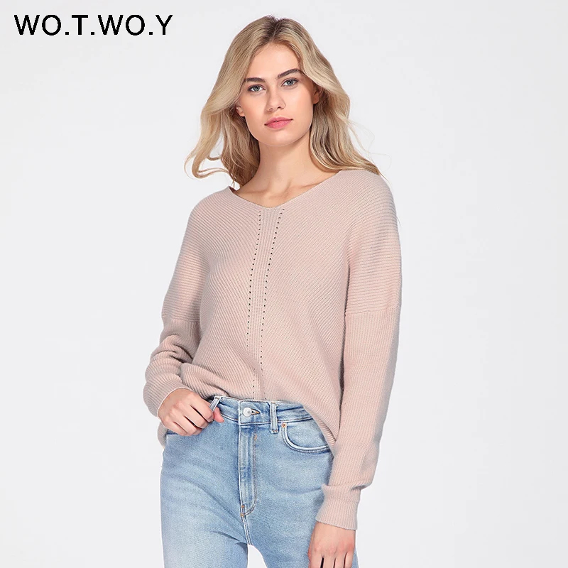 WOTWOY 2020 Autumn Winter Blue Knitted Pullovers Women Long Sleeve V-neck Cashmere Sweaters Casual Korean Female Jumper | Женская одежда