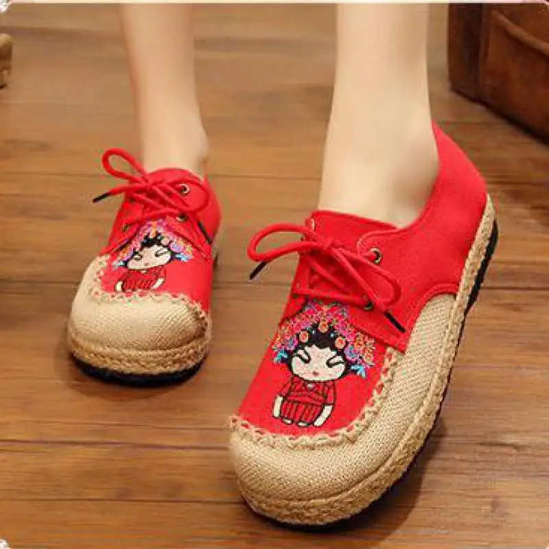 

Johnature 2021 New Spring/autumn Handmade Breathable Canvas Lace-up Retro Round Toe Fisherman Linen Cotton Shoes Woman Flat