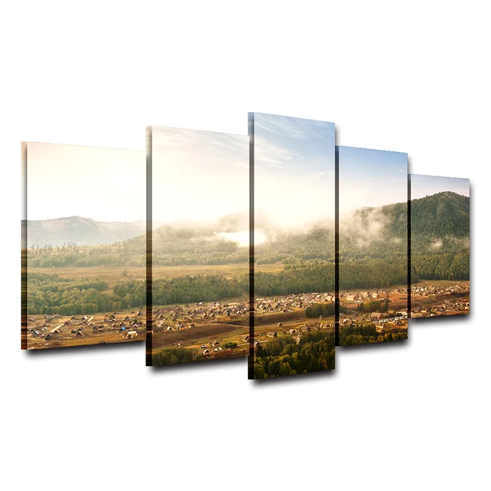 Печать высокого разрешения для домашнего украшения - постеры 5 панелей "Туманные деревни, лесной ландшафт" - современное художественное изображение на стене для гостиной с рамкой.
