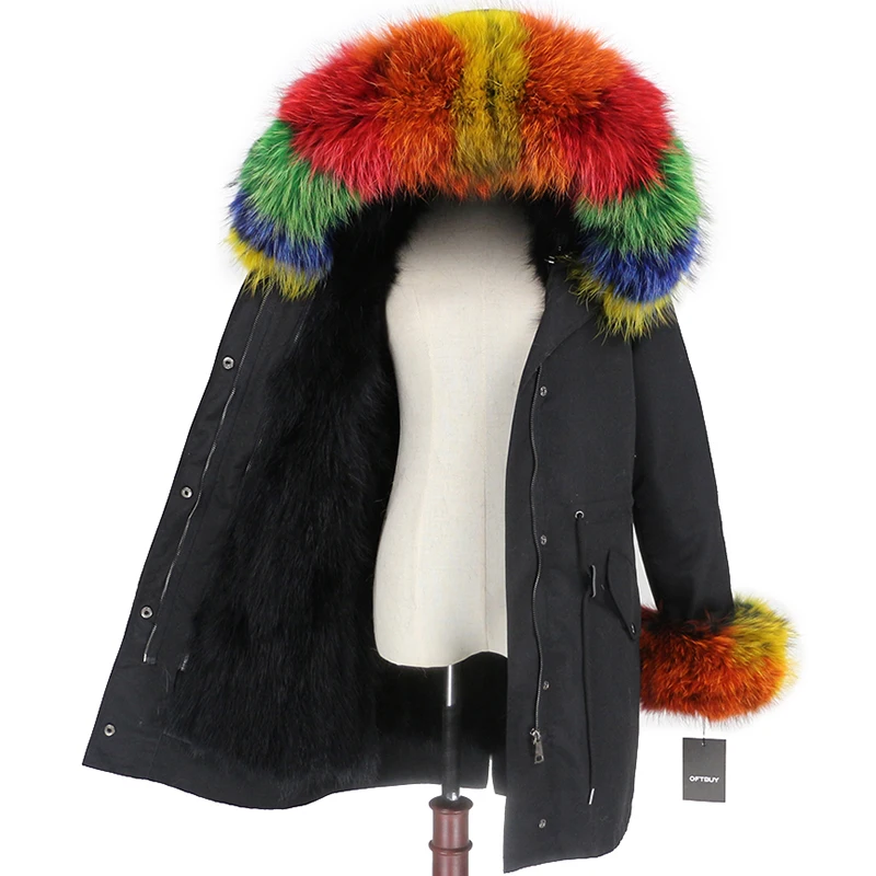 black black multi OFTBUY, водонепроницаемая парка, зимняя куртка, Женское пальто с натуральным мехом енота, воротник с манжетами, подкладка из кроличьего меха, роскошный бренд - Цвет: black black multi
