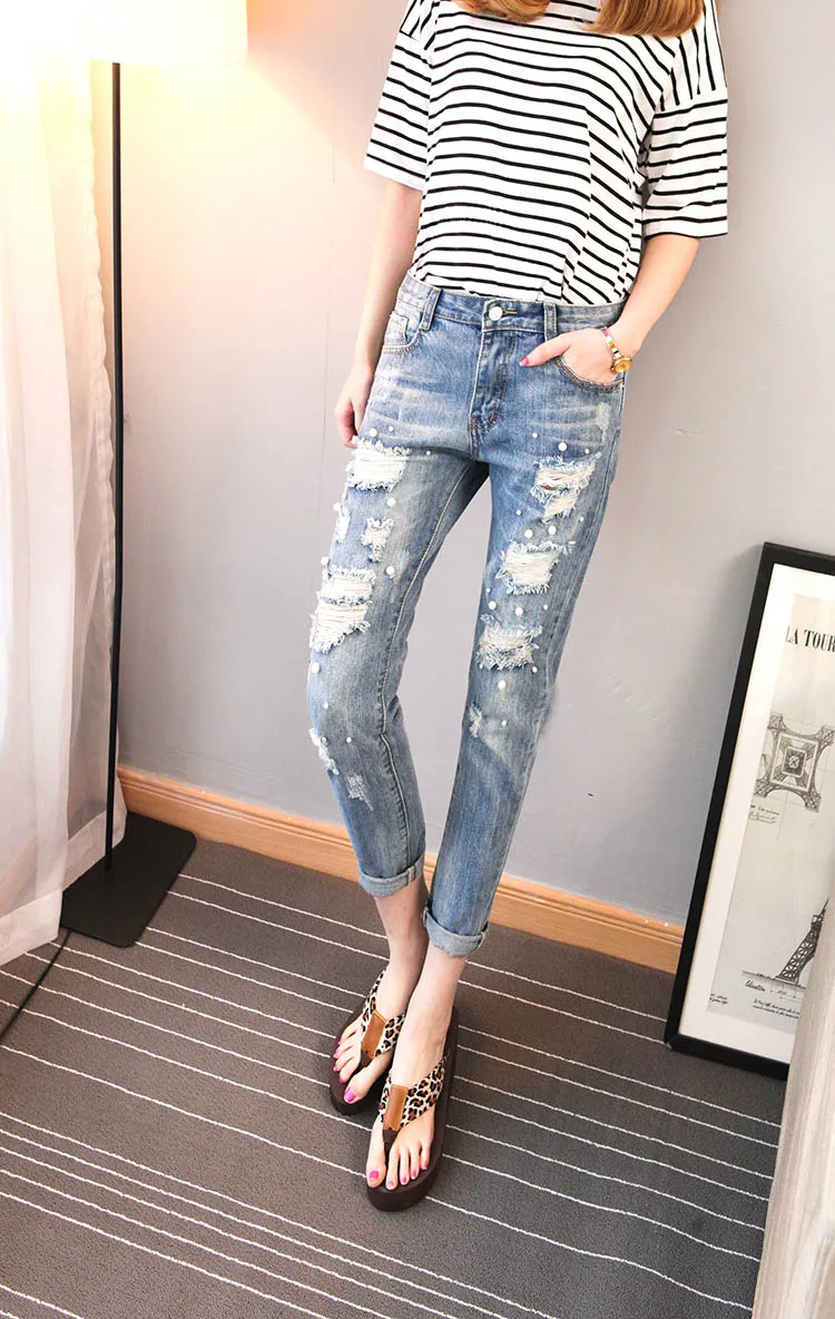 Женские облегающие джинсы бойфренды Синие рваные с бусинами корейская мода