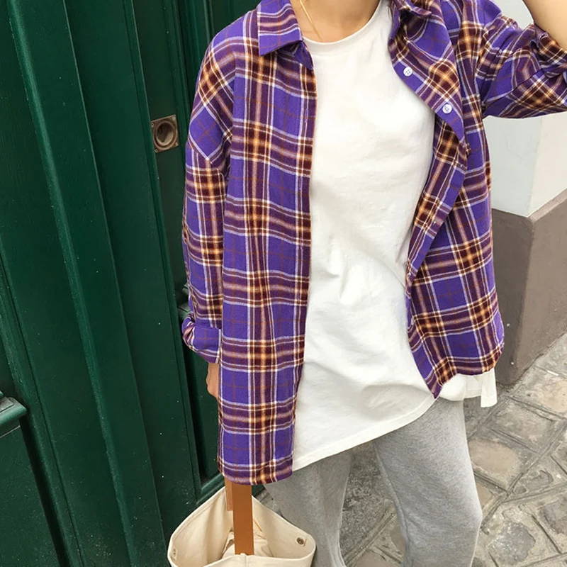 Фиолетовая/зеленая/синяя рубашка в клетку для мужчин и женщин, уличная модная Свободная рубашка в клетку с длинным рукавом, Мужская Хип-Хоп Верхняя одежда