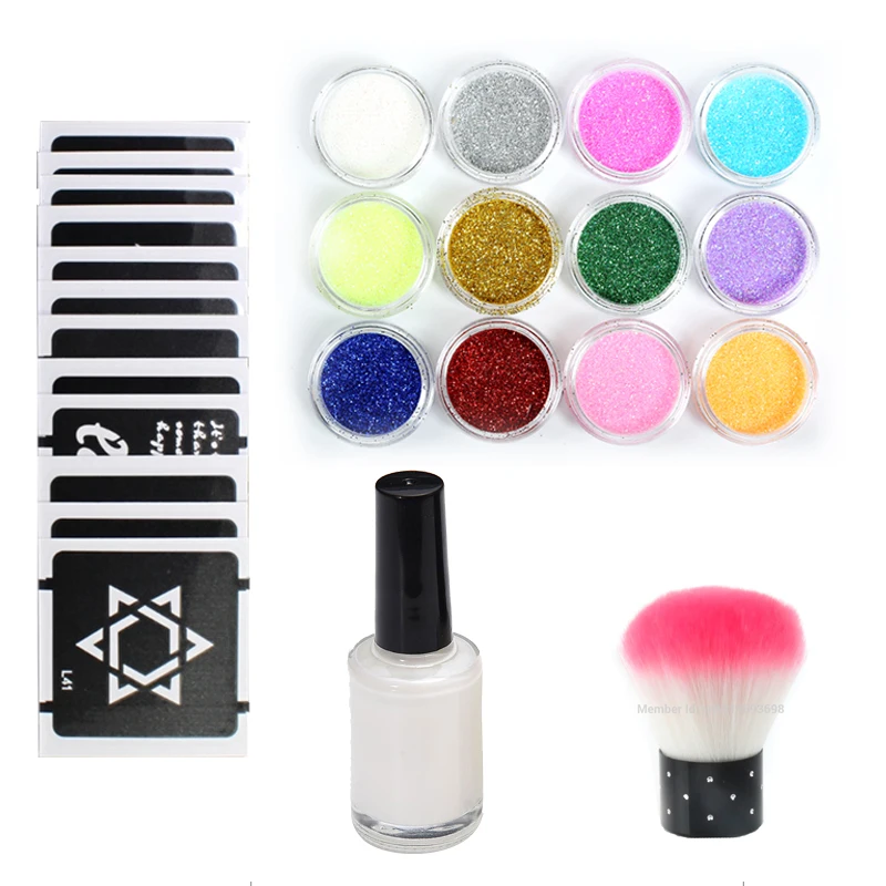 

1 Set Glitter Tattoo Kits Powder Temporary Tattoo Body Painting Kit Glitter Powder Brushes tatoo Glue 12pcs Stencils