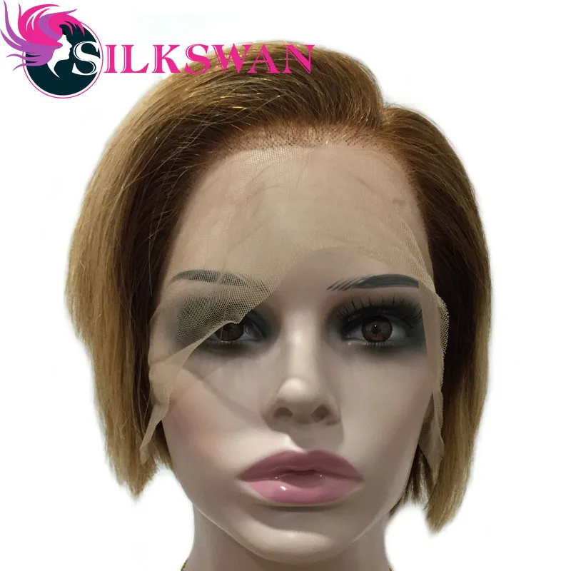 Silkswan короткие стриженые парики, человеческие волосы remy, Парики 150 плотности T4/27 цветов 13*4, натуральные короткие парики на кружеве