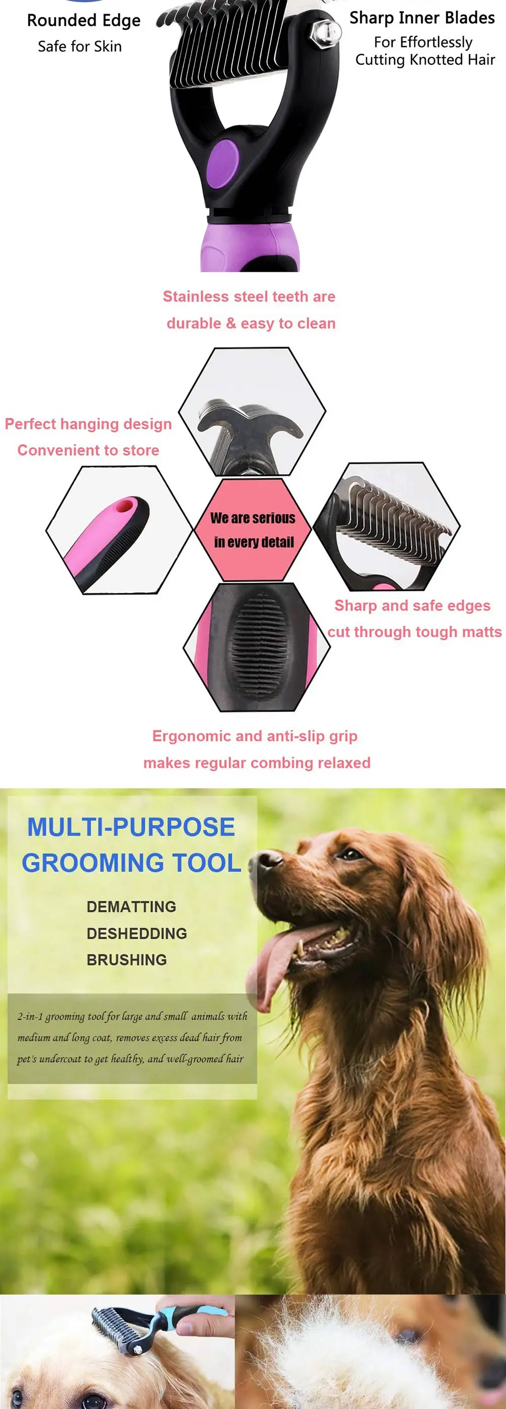 Pet мягкая нержавеющая двухсторонняя собака для домашних животных, кошечка, щетка для собак, гребень для животных расческа для удаления волос для собак, кошек