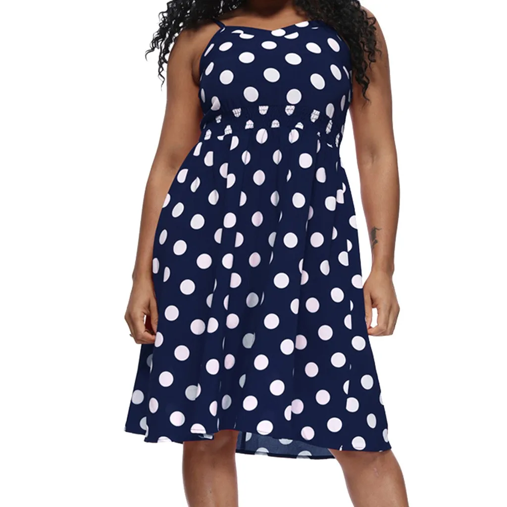 Женское модное сексуальное платье в горошек с тонкими пряжками без рукавов