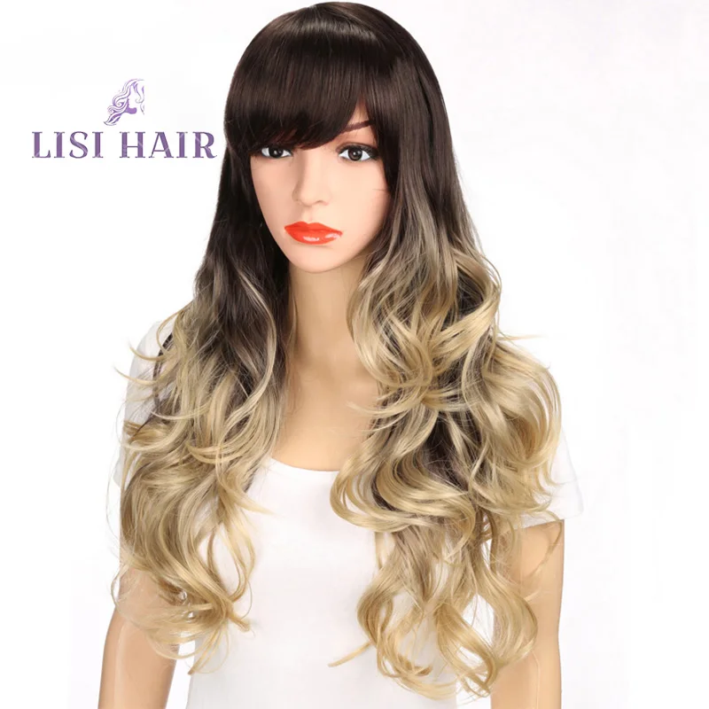 LISI HAIR 2" Высокая температура волокна челка парик Волнистые длинные волосы парики синтетические парики для женщин темно-коричневый смешанный блонд