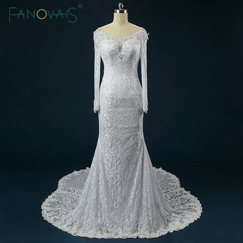 

Vintage Lace Mermaid Wedding Dress Long Sleeves Beading Crystal Bridal Gowns abito da sposa rosa vestido de Novia