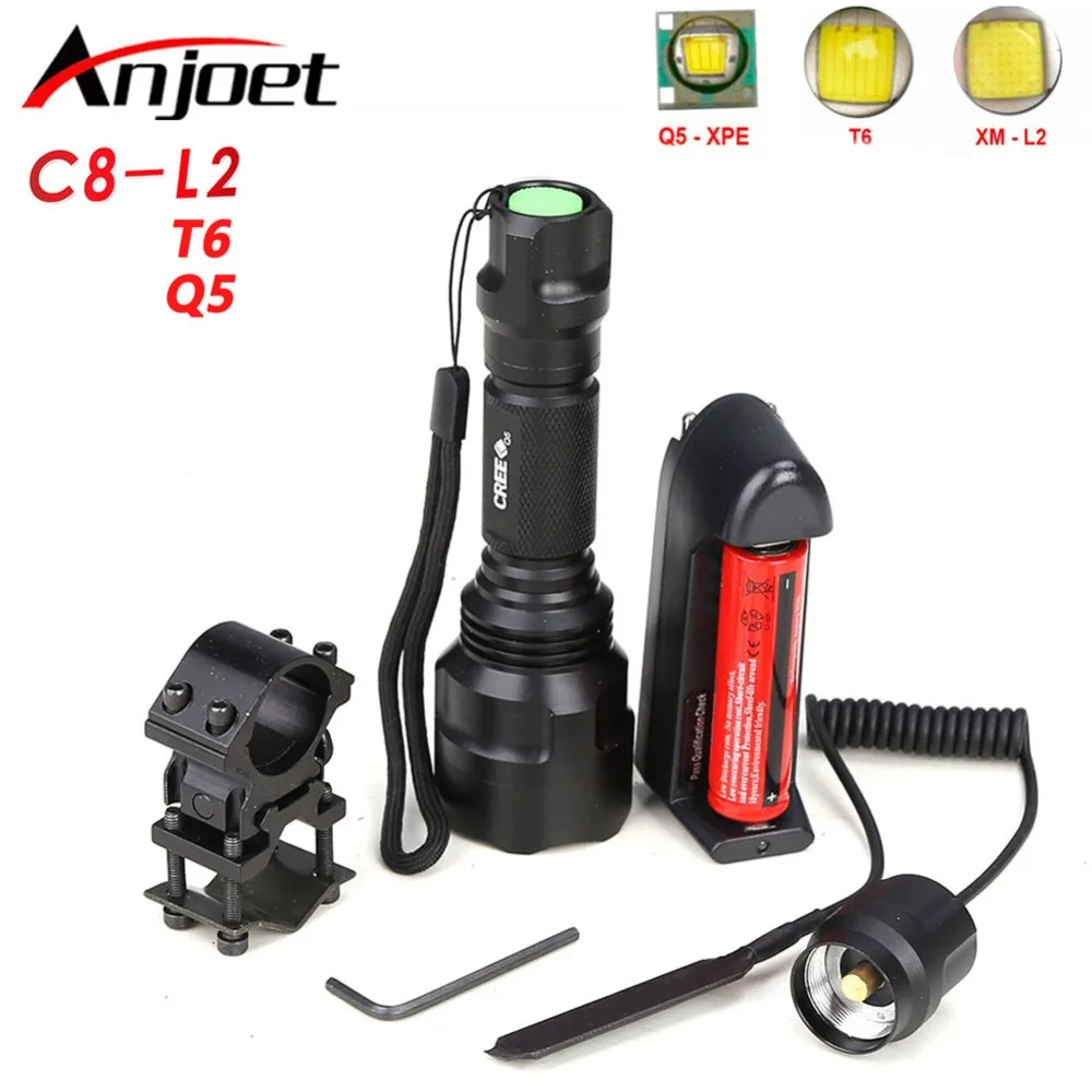 

Anjoet Tactical Flashlight XML-T6 L2 Q5 LED 1/5 Mode Aluminum Hunting outdoor Flash Light Torch Lamp+18650+Charger+Gun Mount
