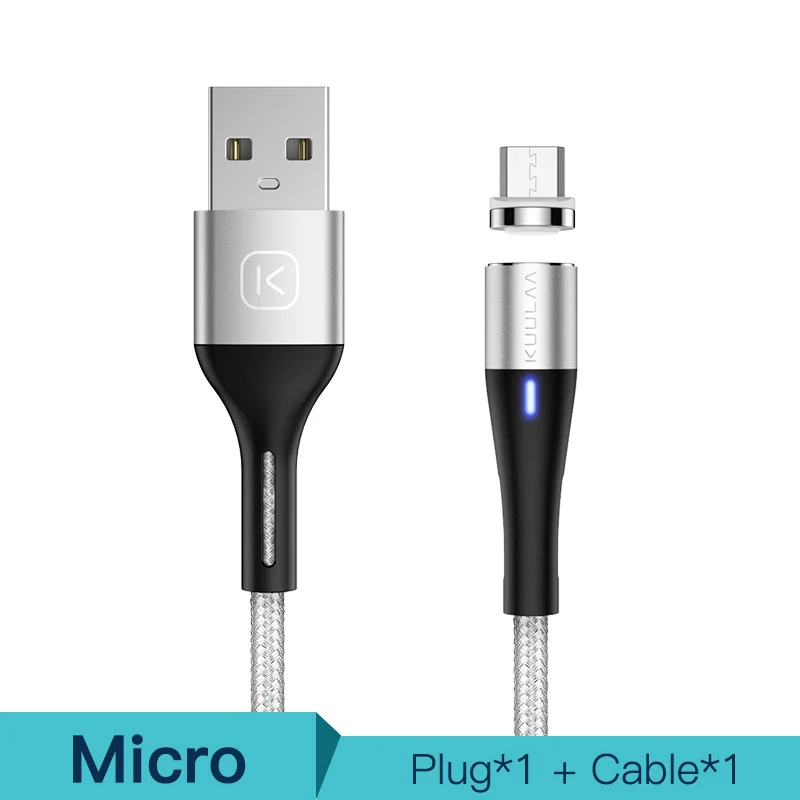 KUULAA Магнитный кабель Micro USB C 3A Быстрая Зарядка адаптер для iPhone samsung XiaoMi зарядное устройство магнит Быстрая зарядка usb type-C шнур - Цвет: Silver For Micro