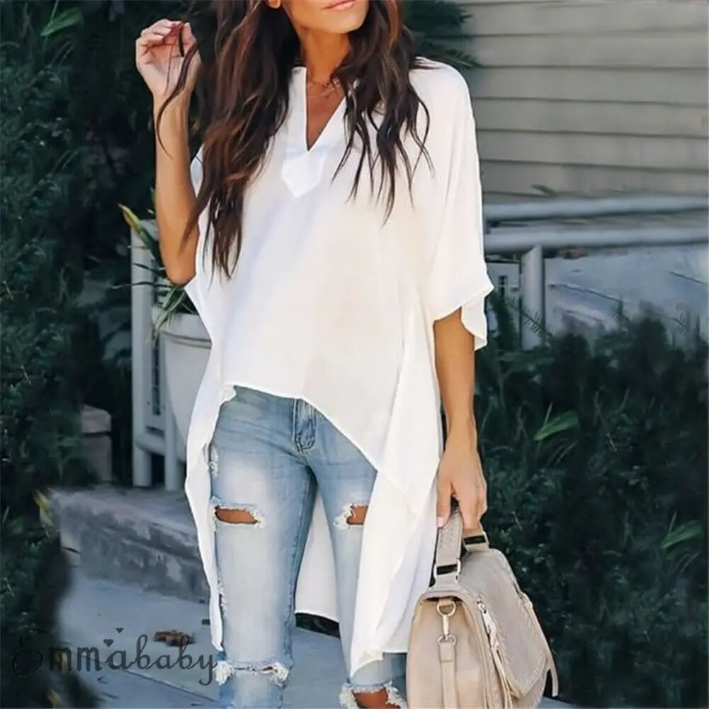 

Fashion Women Short Sleeve Irregular Long Blouses Ladies Summer Casual V Neck Loose Tops Solid Blouse