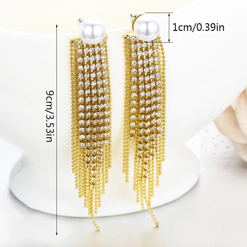 Женские длинные серьги с искусственным белым жемчугом кристаллами цепочками и