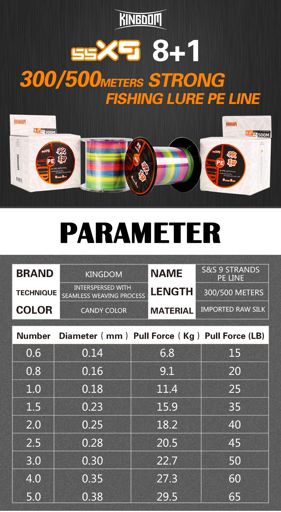 Kingdom 8+1 Strands Weaves 300M 500M PE Braided Fishing Line 15-65LB Super Strong Lines Saltwater Weave Fishing Cord Pesca Wire