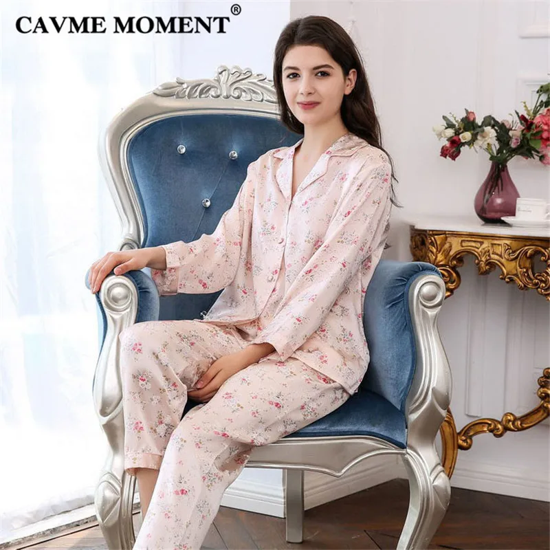CAVME 2019 Luxury Silk Pajama Sets for Women Elegant Ladies Pyama Set Plus Size Printed Full Sleeve Pants Home Clothes Sleepwear