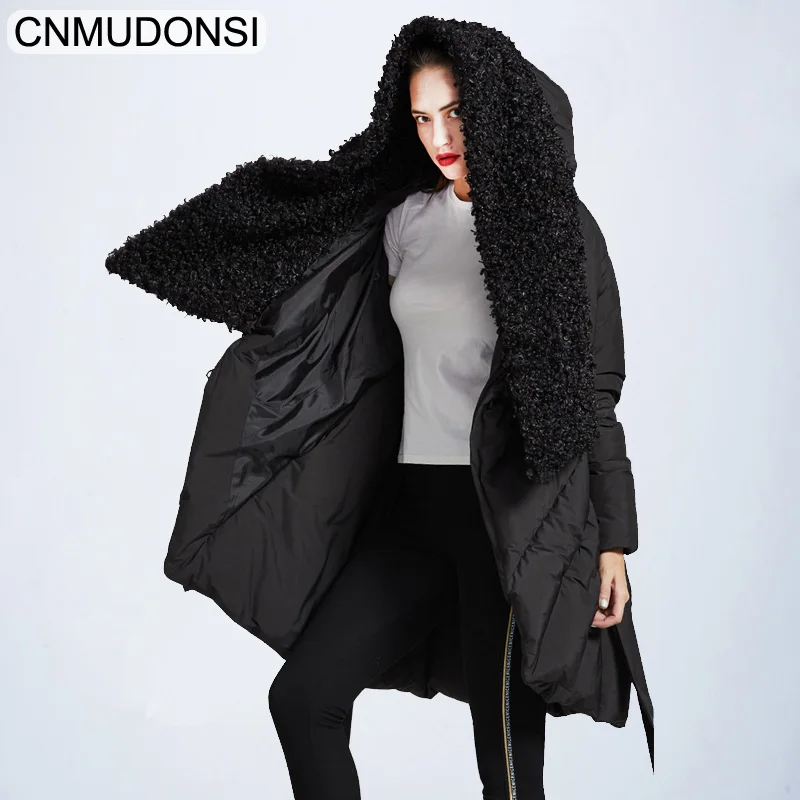 18968Black CNMUDONSI осенне-зимний Свободный теплый Асимметричный Повседневный пуховик с длинным рукавом и воротником-заусенцем для женщин модный тренд - Цвет: 18968Black