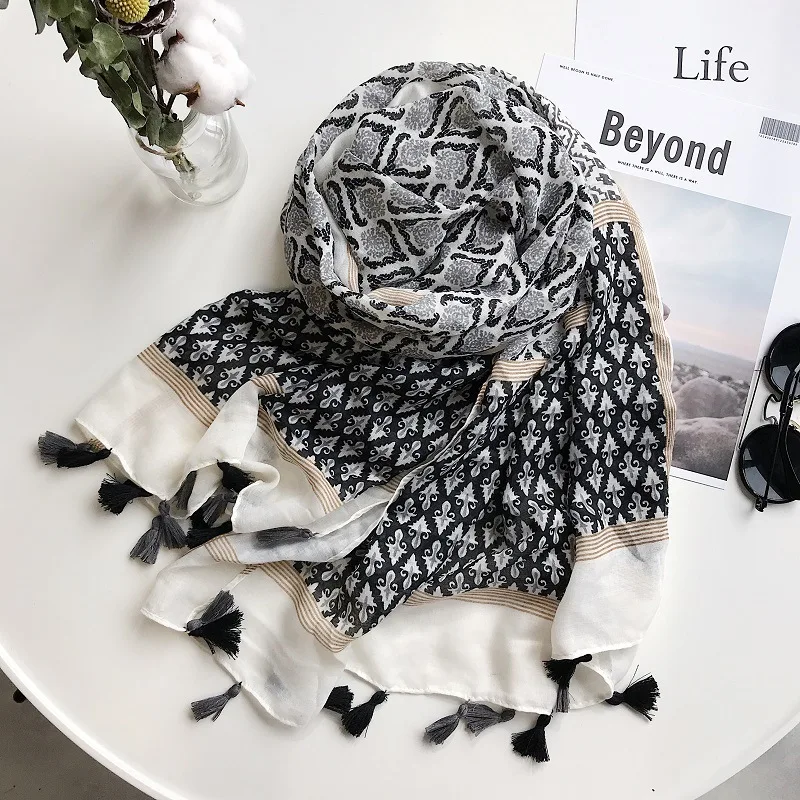 Мягкий вискозный шарф с кисточками Женская Роскошная брендовая шаль принтом в