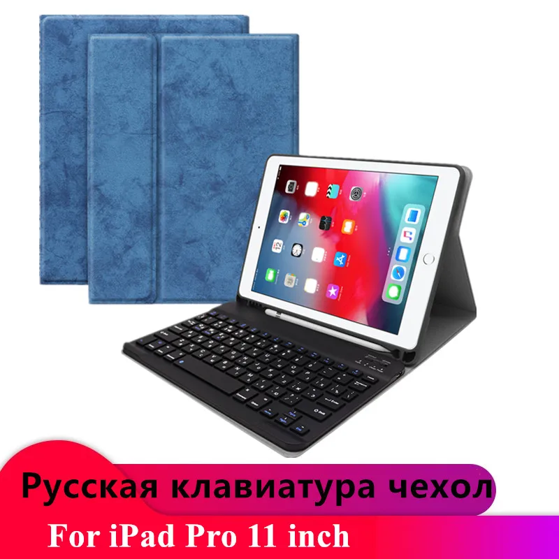 Blue-11 Русская Bluetooth клавиатура W Карандаш Держатель Кожаный чехол Чехол для iPad 9,7 Pro 11 дюймов клавиатура для iPad air 10,5 - Цвет: Blue-11