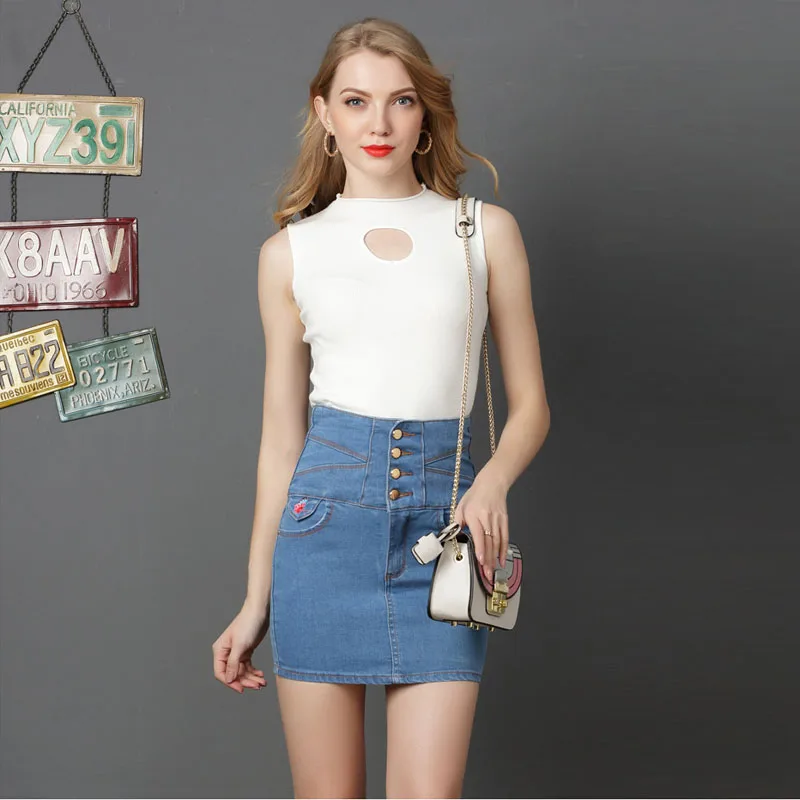 2018 Новая Осенняя Джинсовые юбки спереди Набор пуговиц юбка Для женщин зауженные