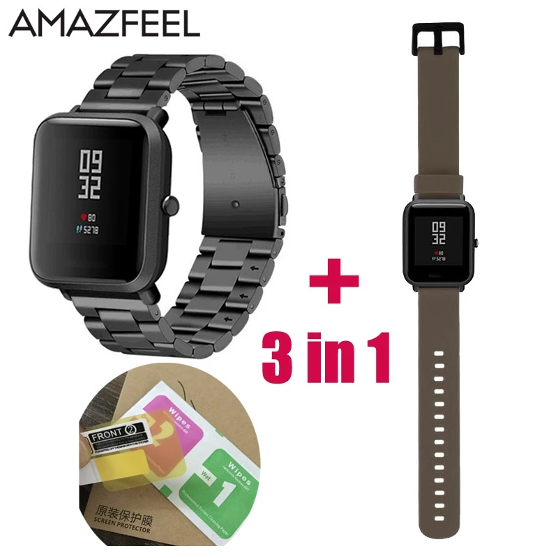 3в1 ремешок для часов Ремешок Для Xiaomi Huami Amazfit Youth Bip BIT часы металлический браслет из нержавеющей стали 2 шт. защита для экрана Amazfit