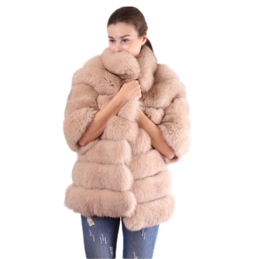 Женское зимнее короткое пальто TOPFUR розовое из натурального меха лисы с коротким