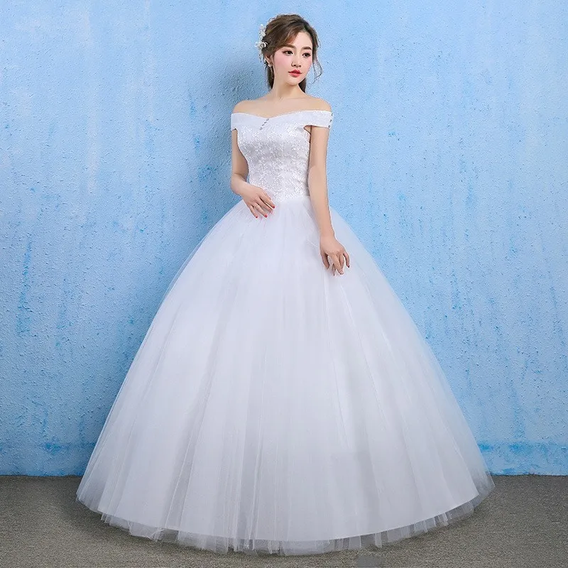 Vestido De Novia Роскошные свадебные платья с кристаллами бальное платье с открытыми плечами на шнуровке элегантное Дешевое кружевное свадебное платье Robe De Mariee - Цвет: white
