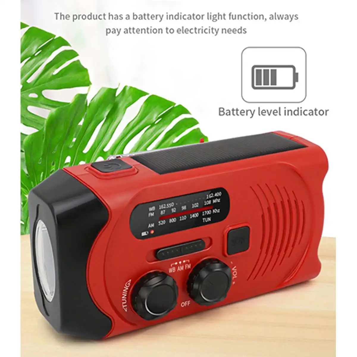 Global Weather Radio Receiver AM WB FM Radio Flashlight Hand Crank Solar Solar Panel Rechargeable 2000mAh Power Bank
