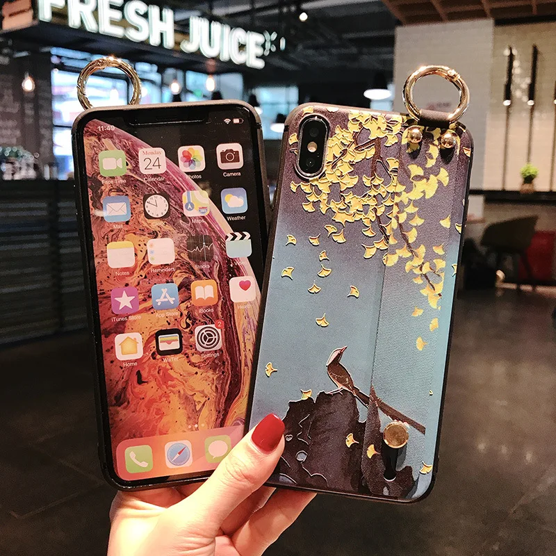Kuutti Squishy Vintage Chinese Painting 3D Flower Women Girl Phone Cases with Wrist Band Covers for iPhone 6 6s 7 8 Plus X |