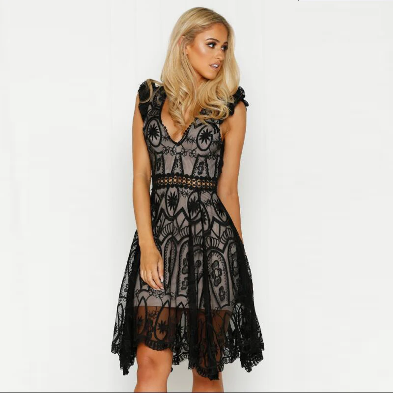 SESOAF сексуальное открытое черное белое кружевное платье женское летнее с высокой
