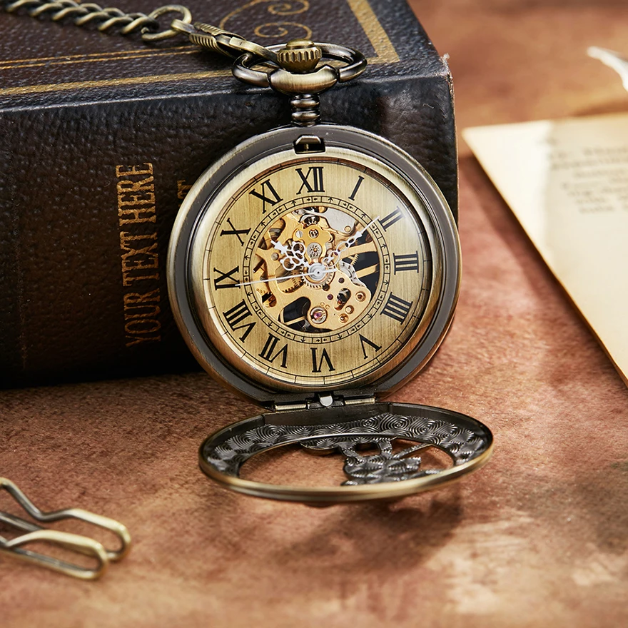 Механические карманные часы с черной мышью и цепочкой гравировка полый корпус