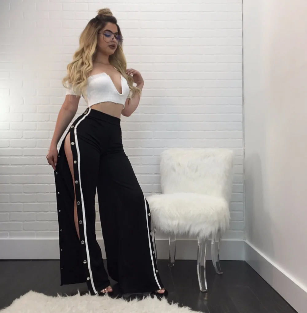 BKLD широкие брюки с заклепками и бисером 2017 сексуальные женские высоким разрезом