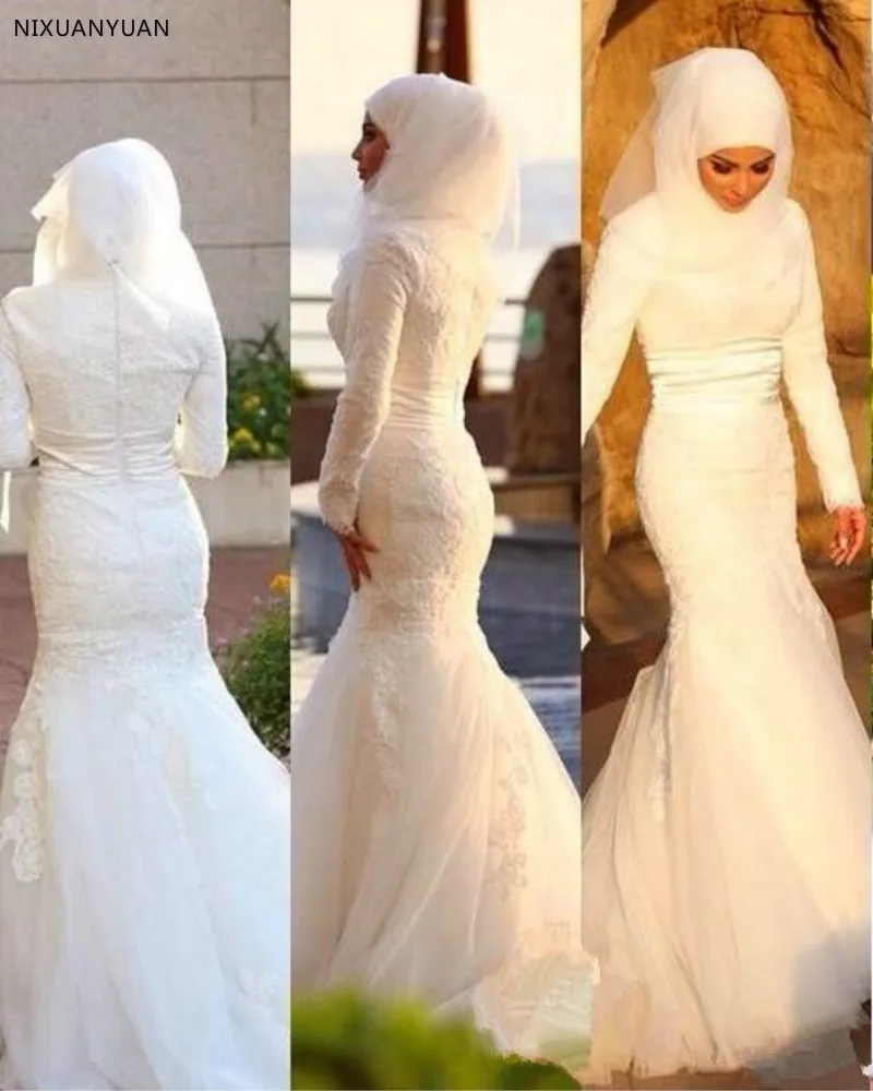 

Luxury Mermaid Muslim Wedding Dresses Long Sleeve High Neck Bridal Gown Beading Lace Wedding Gowns Backless Vestido De Noiva