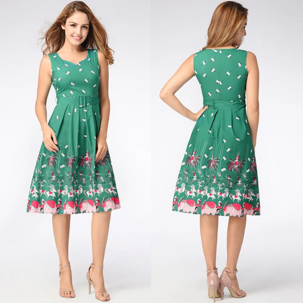 2017 Vintage Dress Women Summer Fashionable Dancer Umbrella Print 1950s Rockabilly Hepburn A Line Big Swing Party Tunic | Женская одежда
