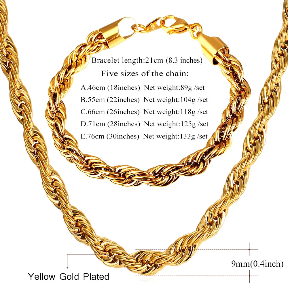 U7 Веревки Цепи Ожерелье Браслет Ювелирные Наборы Для Мужчин Из Нержавеющей Стали