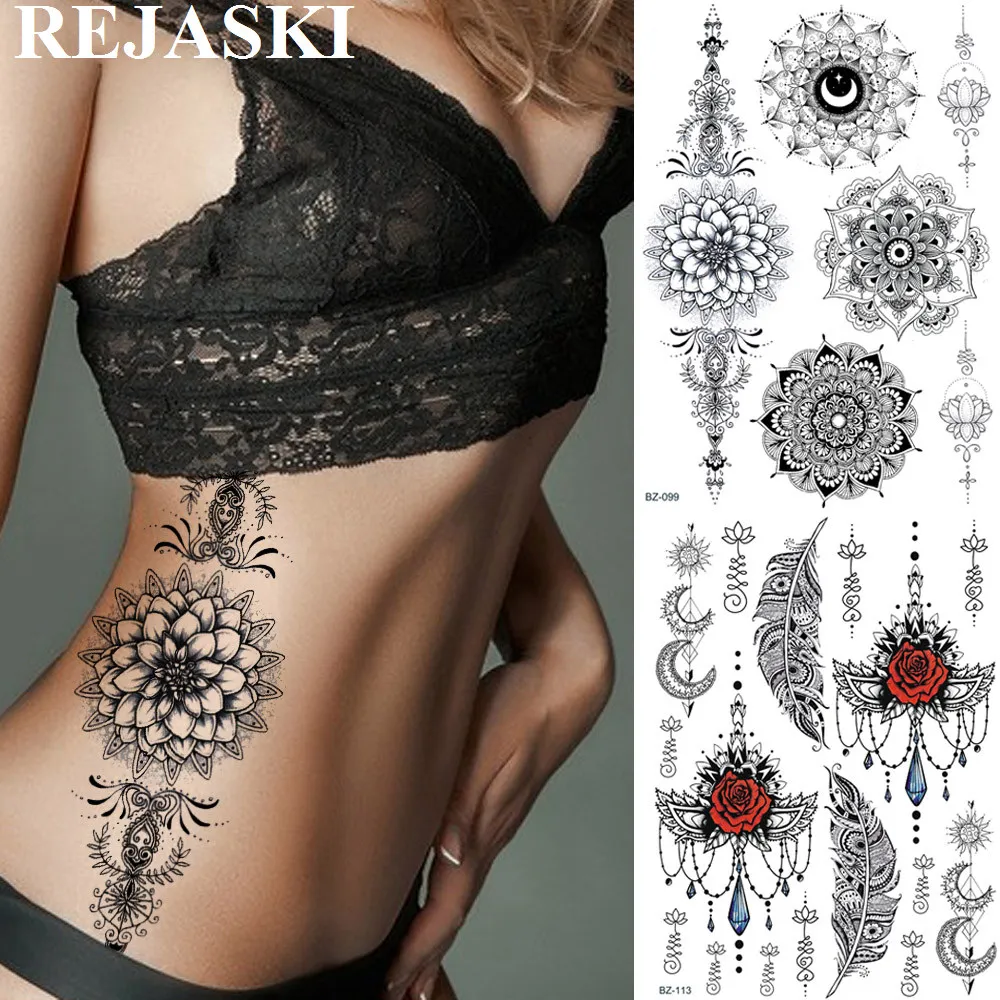 REJASKI черный серьги Henna Mandala цветок временные татуировки для Для женщин Стикеры пикантные водостойкие татуировки, боди-арт Arm талией, эксклюзивный дизайн татуировки